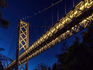 A beautifully illuminated bridge at night, showcasing architectural design and engineering.