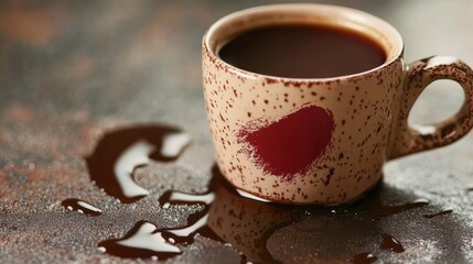 Speckled mug with lipstick mark and spilled coffee on rustic surface, AI