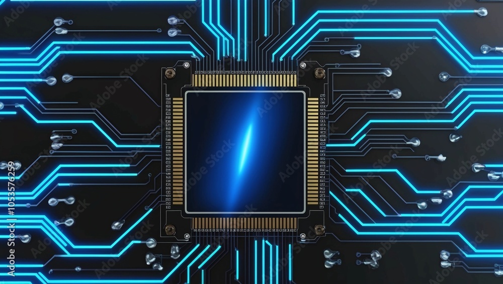 Poster a futuristic circuit board with glowing blue elements and data flow on a digital grid background