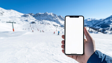 Man hand holding phone mockup with white screen standing on snowy hill with ski slopes and skiers in distance