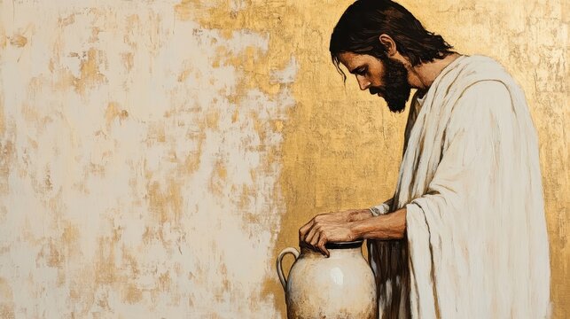 A serene depiction of Jesus Christ drawing water from a well with a simple jug by his side set against a tranquil landscape background