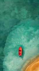 Obraz premium Aerial view of a lone red boat in turquoise waters. Generative AI image