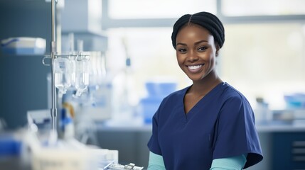 A woman in a blue scrubs is smiling