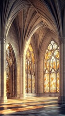 Naklejka premium A serene interior of a gothic cathedral, illuminated by stained glass windows.