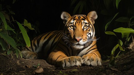 Obraz premium Majestic Bengal Tiger in a Dark Forest, a Symbol of Endangered Wildlife, Captures Attention with Its Striking Gaze and Powerful Presence