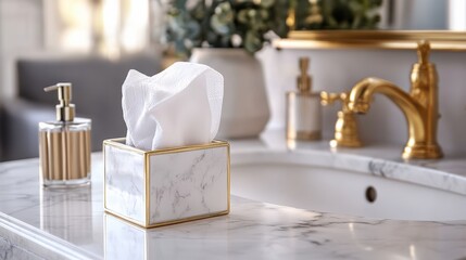 Marble Tissue Holder with Golden Trim, Elegant Bathroom Decor, White Tissues in Modern Design