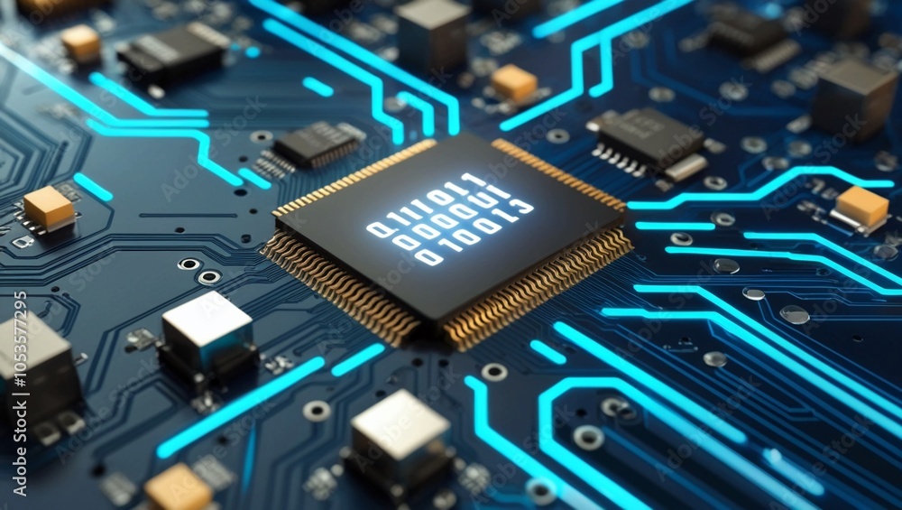 Poster a futuristic circuit board with glowing blue elements and data flow on a digital grid background