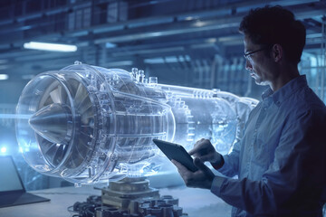 Fototapeta premium Engineer analyzing holographic engine. Generative AI