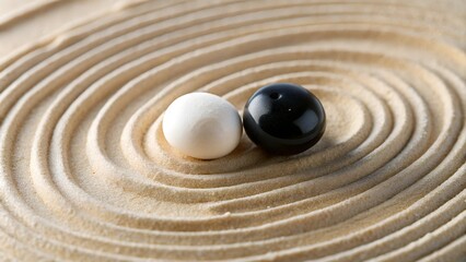 Naklejka premium Two contrasting stones, black and white, symbolize the balance of yin and yang on white sand in a Japanese Zen garden style. Sand waves, harmony, tranquility, mindfulness, minimalism. Massage stone