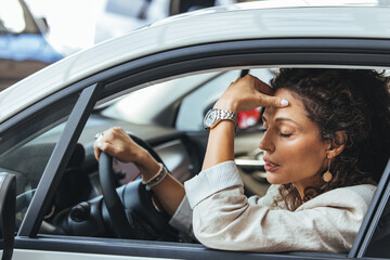 Stressed Woman Sitting in Car Experiencing Traffic Jam