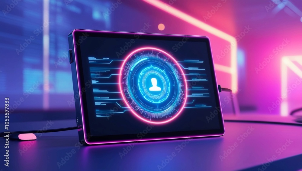 Aufkleber single digital screen displaying holographic data, with a sleek sci-fi interface glowing with vibran