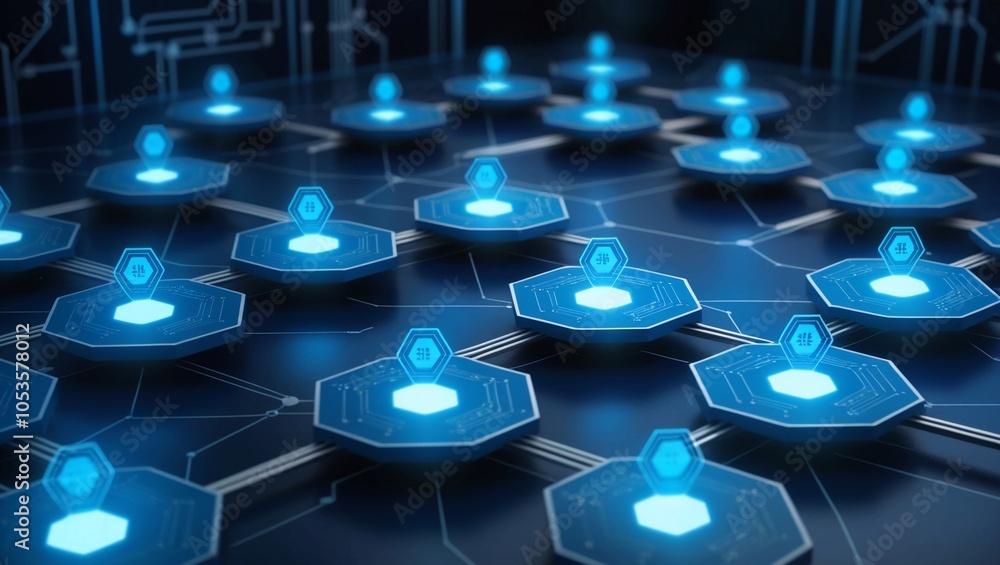 Poster dark blue technological grid with glowing blue hexagonal nodes, representing blockchain, ai networki