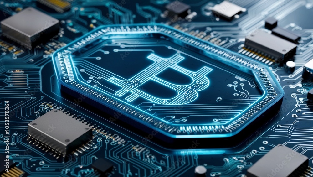 Poster close-up of a digital blockchain chain with circuit board background, representing cybersecurity and