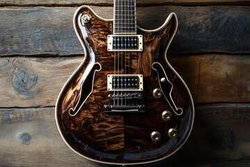 Fototapeta premium Stunning semi-hollow body electric guitar displayed on a weathered wooden wall, highlighting its exceptional artistry