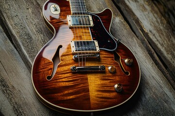 Fototapeta premium Stunning semi-hollow body electric guitar with captivating flame maple top, showcased on rustic wooden planks in a close-up shot