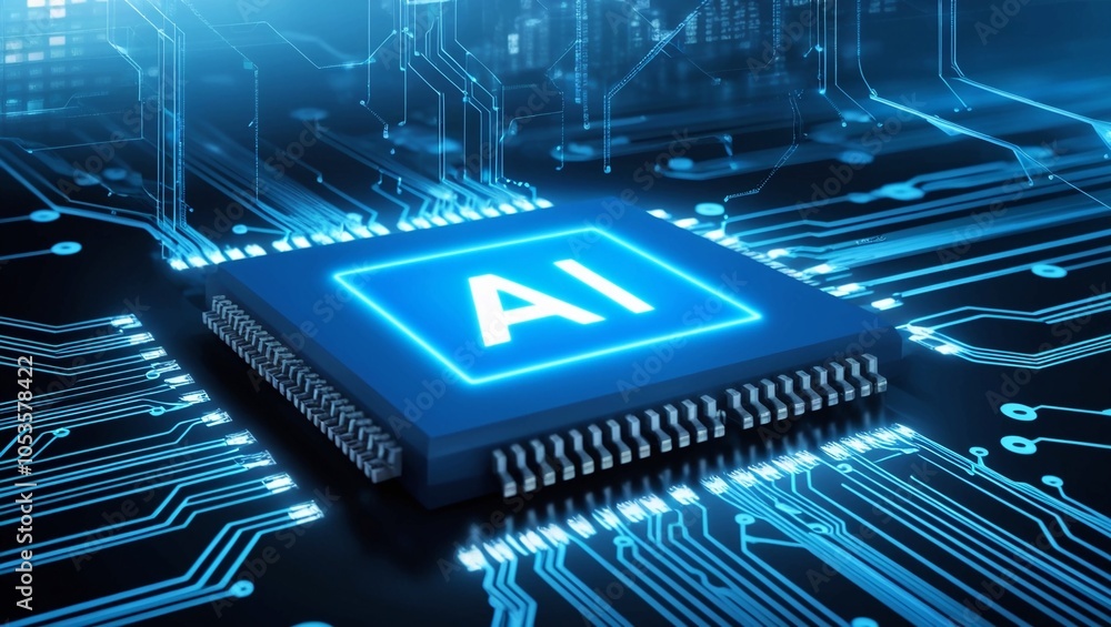 Poster  Futuristic AI Circuit Chip Glowing in Blue with a Background of Digital Networks and Data Streams