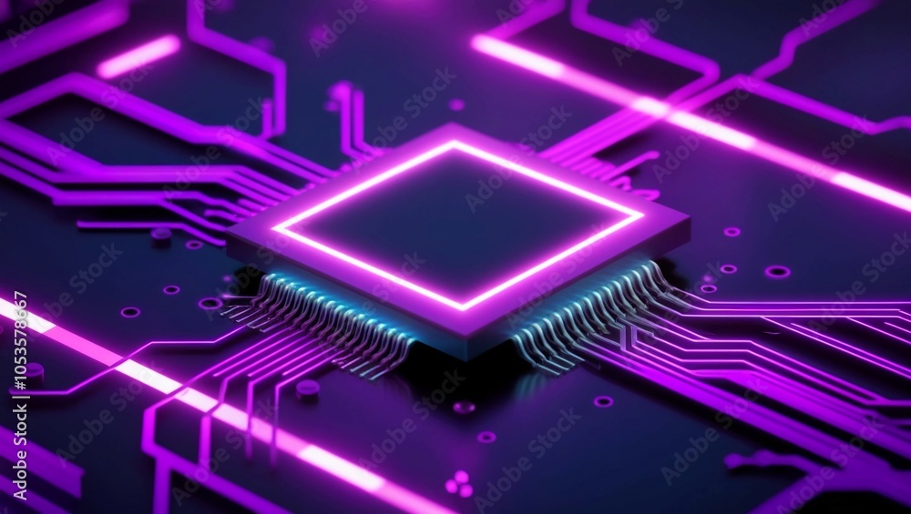 Poster a glowing microchip surrounded with intricate, illuminated circuitry, representing advanced computin
