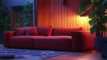 Cozy living room with a red couch and warm lighting.
