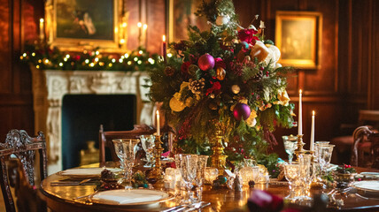 Christmas decor, country cottage style house decoration for an English countryside home interior design, winter wreath holiday botanical arrangements and festive atmosphere, Merry Christmas and Happy