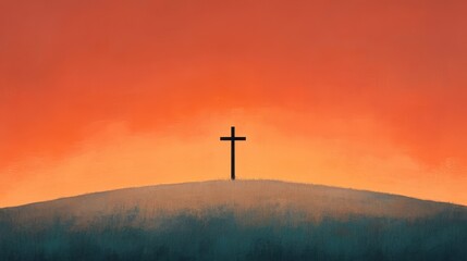 Serene cross silhouette standing tall against a glowing minimal landscape sky with a tranquil atmospheric ambiance  A simple spiritual scene with a calming contemplative feel