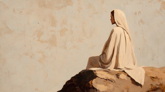 Jesus Christ in prayerful solitude surrounded by a serene beige rock backdrop conveying a sense of devotion faith and divine connection