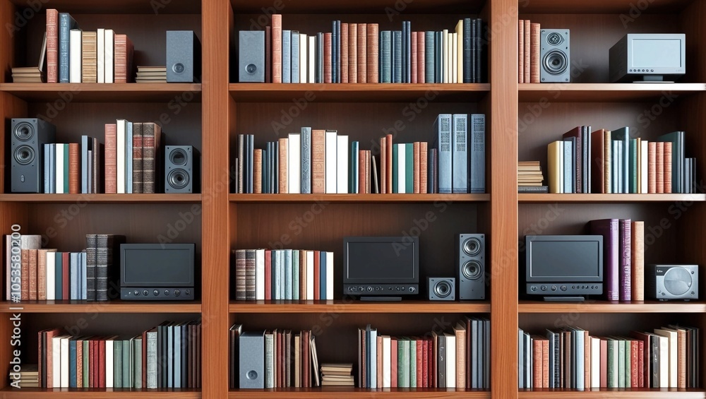 Poster high-quality, wooden bookshelf filled with assorted books and multimedia equipment, symbolizing know