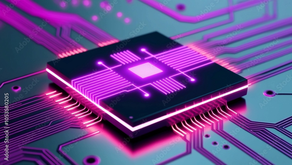 Poster a glowing microchip surrounded by intricate, illuminated circuitry, representing advanced computing 