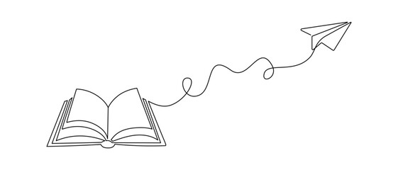 Opened book and flying paper plane in one continuous line drawing. Creating content symbol and studying in traveling banner in simple linear style. Editable stroke. Doodle vector illustration