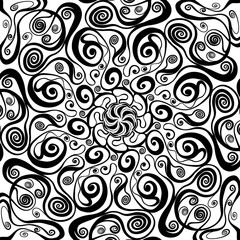 Intricate swirls create a mesmerizing black and white pattern inviting exploration and creativity in artistic design