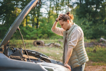 Young worried stressed woman auto traveler looking at open hood of car during country trip