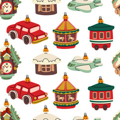 Fototapeta premium pattern of Soviet Christmas tree toys. Glass toys. An airplane, car, carousel, carriage, house, birdhouse, illustrations in vintage colors, objects. Elements of festive decor for New Year tree