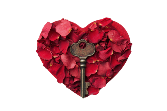Key in heart shaped arrangement of red rose petals on white isolated background.