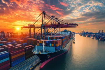 Naklejka premium A massive cargo ship docked at a bustling port during sunset, containers stacked high, cranes loading and unloading, with workers in safety gear, and a vibrant sky blending with industrial activity.
