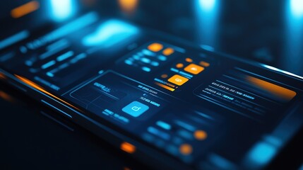 Obraz premium Modern smartphone displaying a data visualization interface at night with blurred city lights in the background