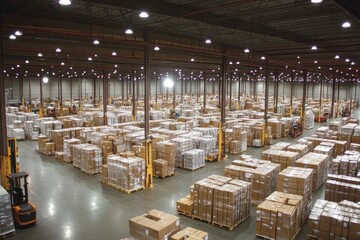 A warehouse full of palletized cargo ready for shipment, neatly organized rows of boxes, forklifts moving between aisles, barcode scanners in action, and a sense of urgency in the air.