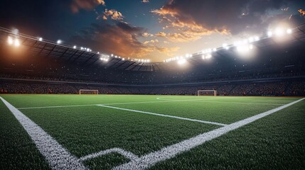 Fototapeta premium Evening football stadium with green field and bright flashes of light. 3D Rendering.