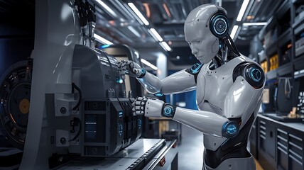 Fototapeta premium Advanced Futuristic Robot Interacting with Holographic Interface, Cutting-Edge Robot with Reflective Design and Holographic Display