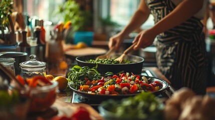 Fototapeta premium Culinary preparation in a cozy kitchen with fresh vegetables and herbs during daylight hours