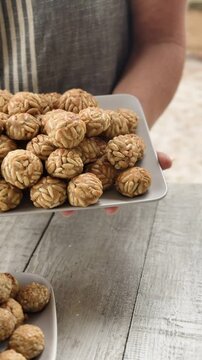 Panellets on the tray freshly baked.