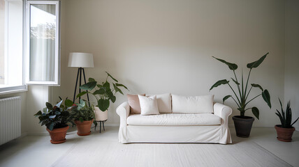 a minimalist-style room with a white sofa, a few potted plants