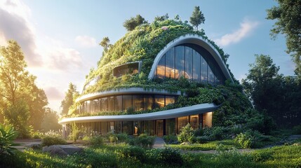 Innovative eco-friendly architecture enveloped in greenery at sunset near a serene water body