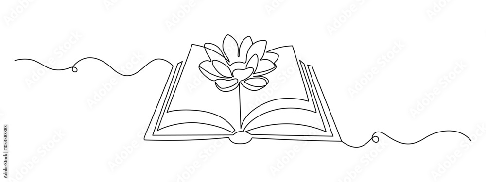 Wall mural Opened book and Lotus flower in one continuous line drawing. Yoga studio logo and wellness spa banner in simple linear style. Water lily editable stroke. Doodle vector illustration.