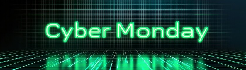 Stylish green-themed Cyber Monday sales banner concept. A vibrant graphic featuring the words "Cyber Monday" in bright green against a dark digital background representing online shopping excitement