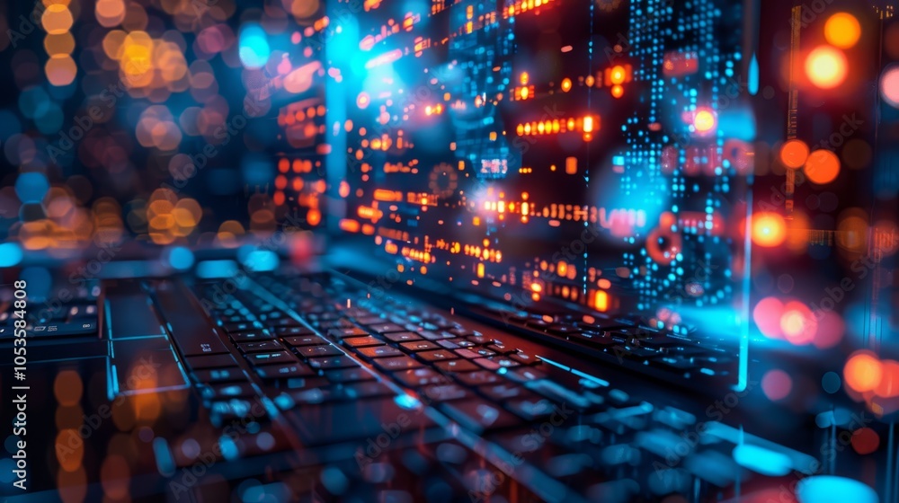 Poster brightly illuminated laptop keyboard and digital displays showcasing abstract technology patterns at
