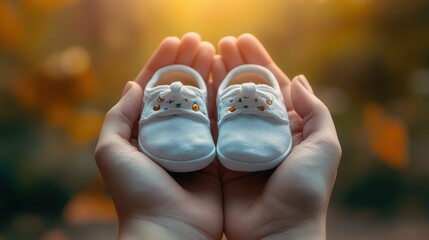 A pair of tiny delicate baby shoes being held in the caring protective hands of a parent with a blurred natural background highlighting the tenderness and love of new parenthood