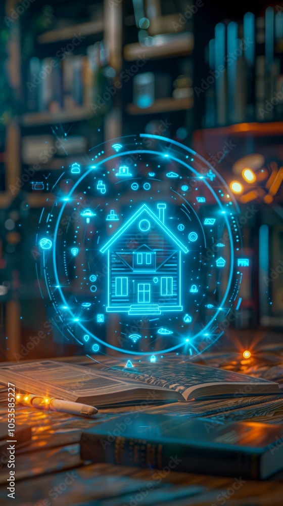 Poster a futuristic digital representation of a smart home concept with glowing icons and data surrounded b
