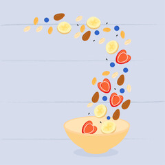 Healthy breakfast bowl with oats, strawberry, blueberry, almond.