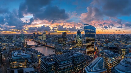 A view of the London skyline at dusk, showcasing the River Thames and modern buildings.