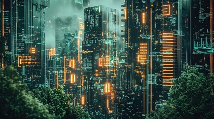 Obraz premium A vibrant city skyline at dusk with illuminated buildings and lush greenery in the foreground creating a lively urban atmosphere