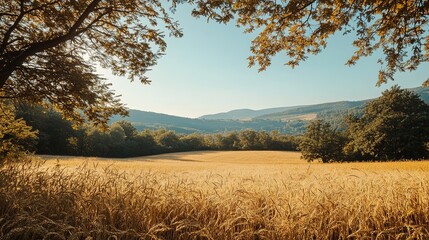 Golden wheat field under a clear blue sky at midday near a rural countryside landscape in summer